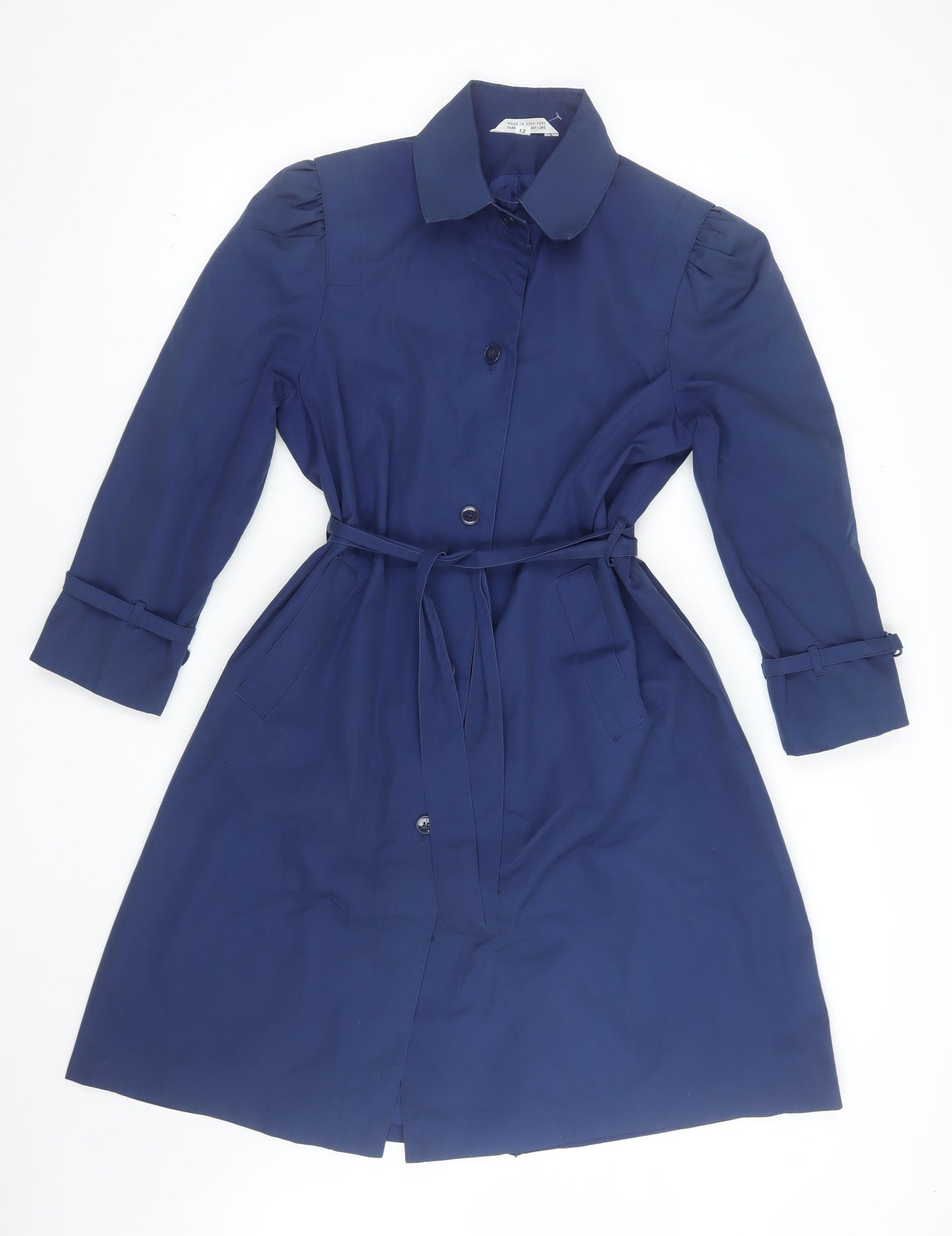 Downpour Womens Blue Belted Trench Coat Size 12 Long Sleeve Classic Style