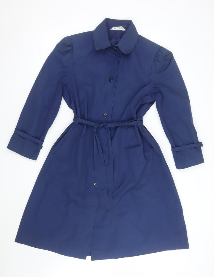 Downpour Womens Blue Belted Trench Coat Size 12 Long Sleeve Classic Style