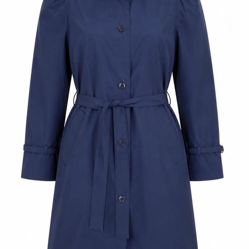 Downpour Womens Blue Belted Trench Coat Size 12 Long Sleeve Classic Style