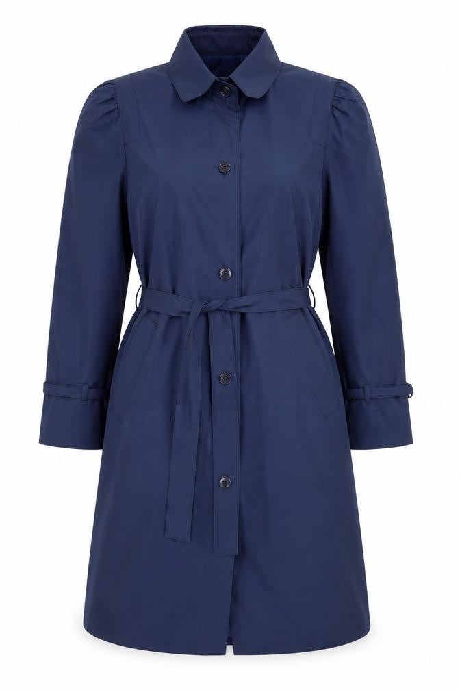 Downpour Womens Blue Belted Trench Coat Size 12 Long Sleeve Classic Style