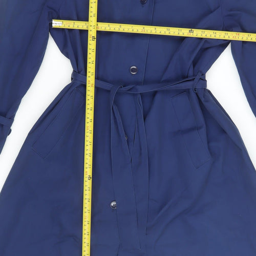 Downpour Womens Blue Belted Trench Coat Size 12 Long Sleeve Classic Style