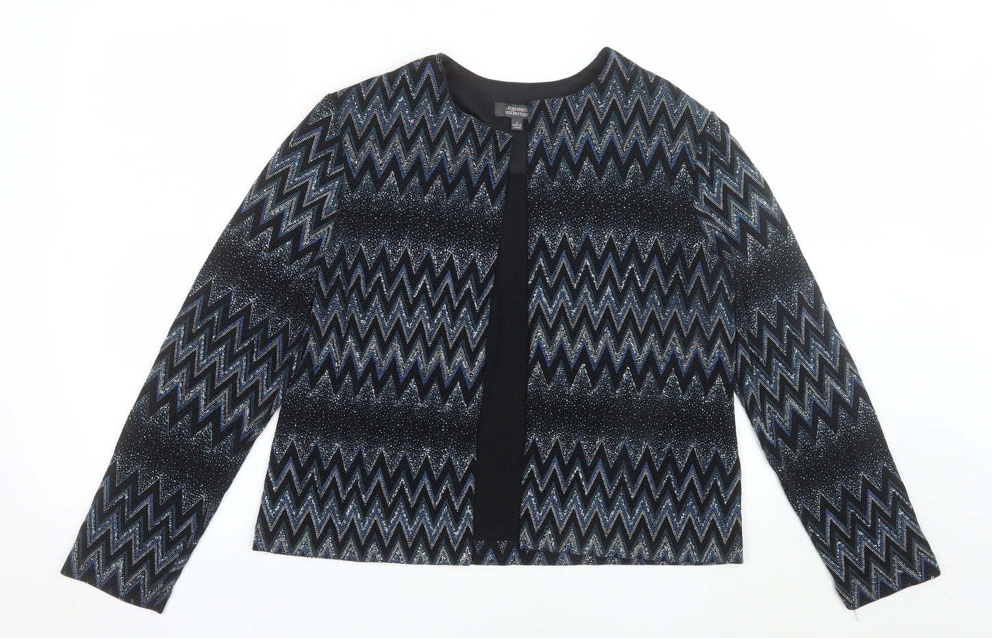 Dressbarn Women's Black Metallic Zigzag Open Front Jacket Size M