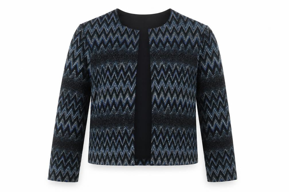 Front view of Dressbarn Women's Black Metallic Zigzag Open Front Jacket, size M