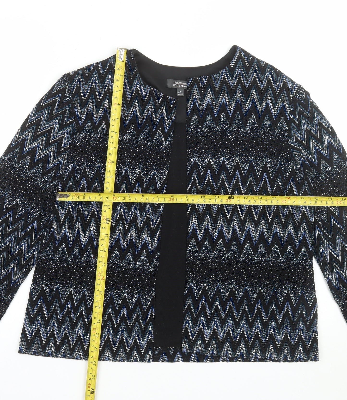 Dressbarn Women's Black Metallic Zigzag Open Front Jacket Size M