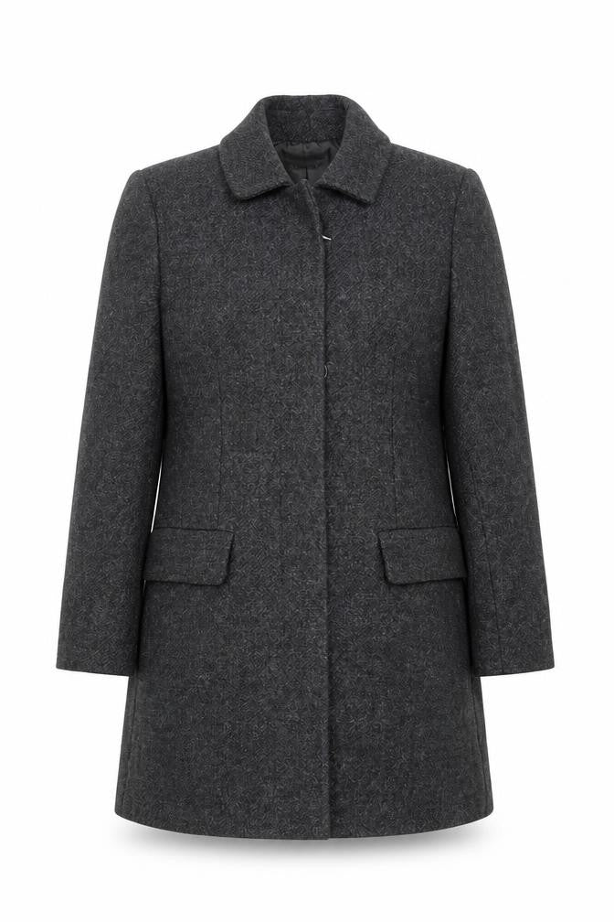 Front view of Casual Corner Women's Grey Wool Long Overcoat, size 10