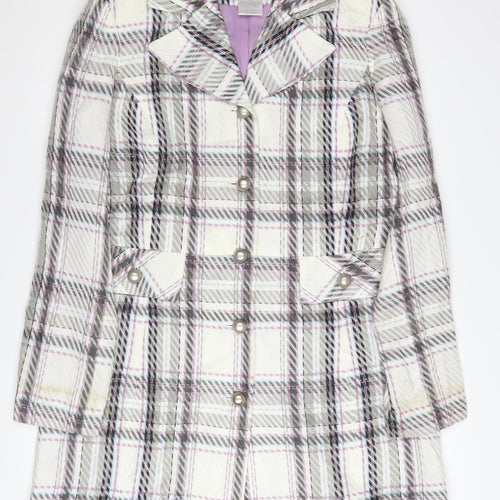 Worthington Women’s Checked Long Coat White Purple Size 12 Acrylic Blend