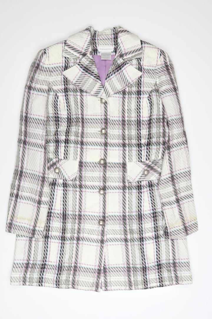 Worthington Women’s Checked Long Coat White Purple Size 12 Acrylic Blend
