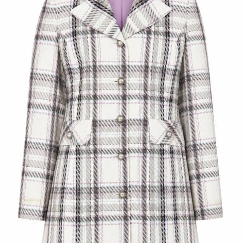 Worthington Women’s Checked Long Coat White Purple Size 12 Acrylic Blend