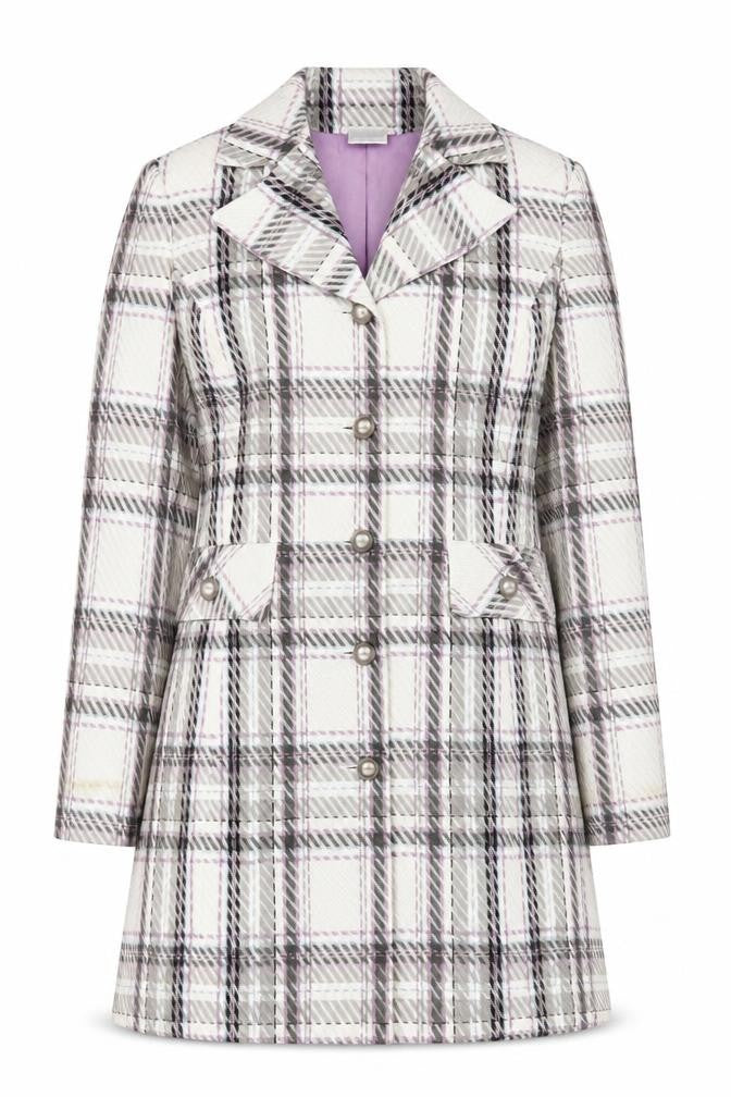 Worthington Women’s Checked Long Coat White Purple Size 12 Acrylic Blend