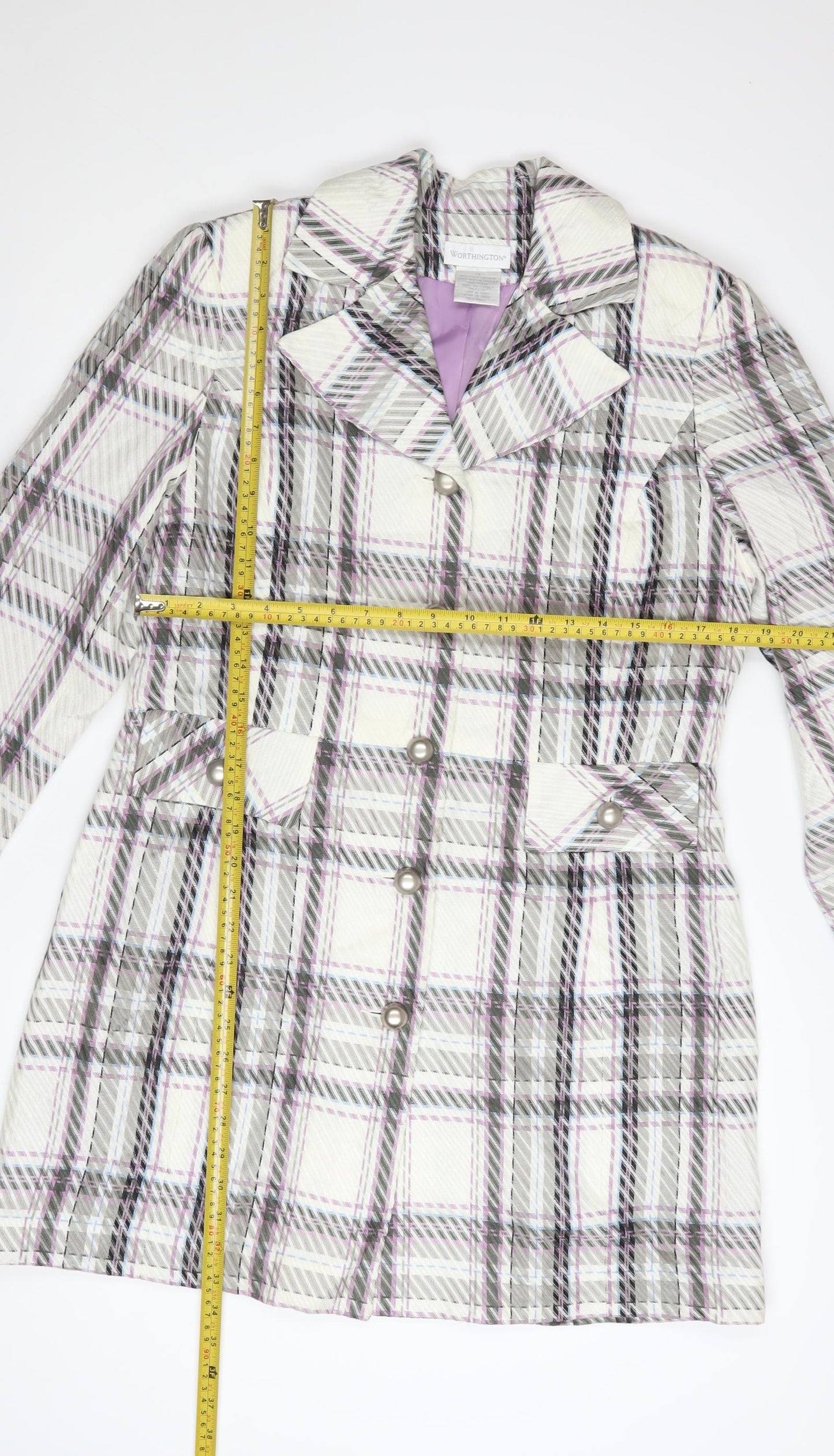Worthington Women’s Checked Long Coat White Purple Size 12 Acrylic Blend