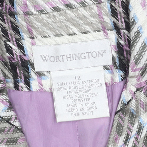 Worthington Women’s Checked Long Coat White Purple Size 12 Acrylic Blend