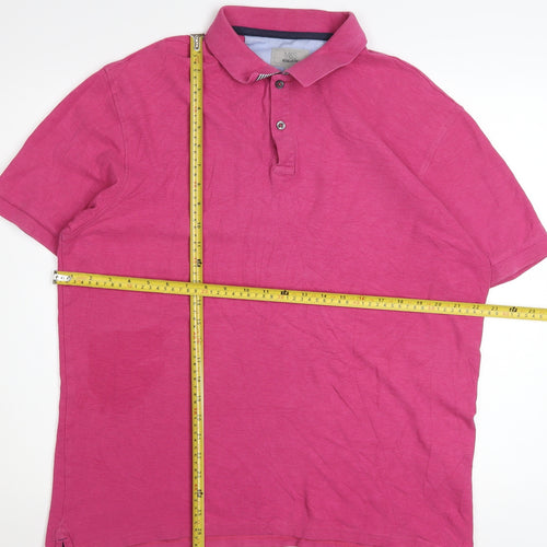 Marks and Spencer Men's Fuchsia Cotton Short Sleeve Polo - Size L