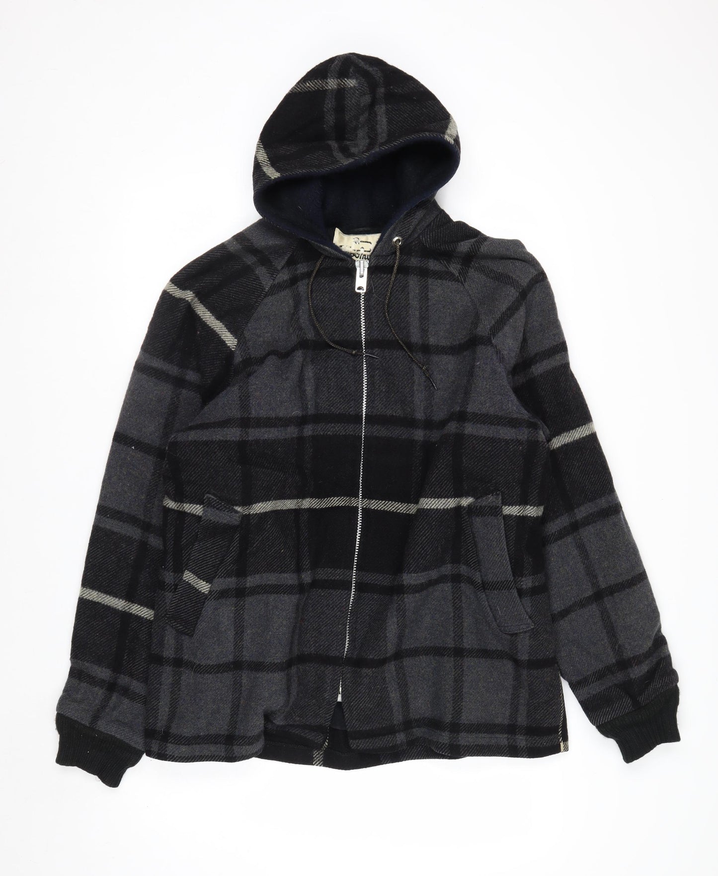 Woolrich Men's Grey Check Wool Hooded Jacket Size L Warm Winter Coat
