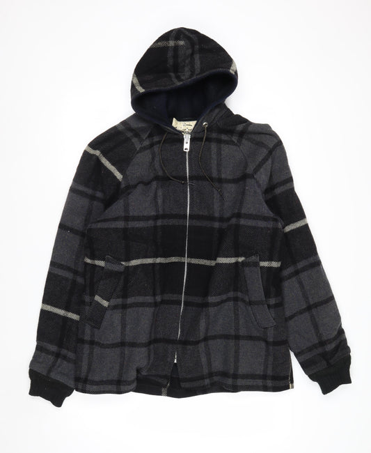 Woolrich Men's Grey Check Wool Hooded Jacket Size L Warm Winter Coat