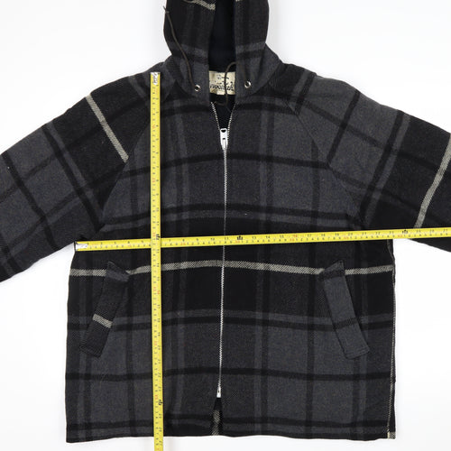 Woolrich Men's Grey Check Wool Hooded Jacket Size L Warm Winter Coat