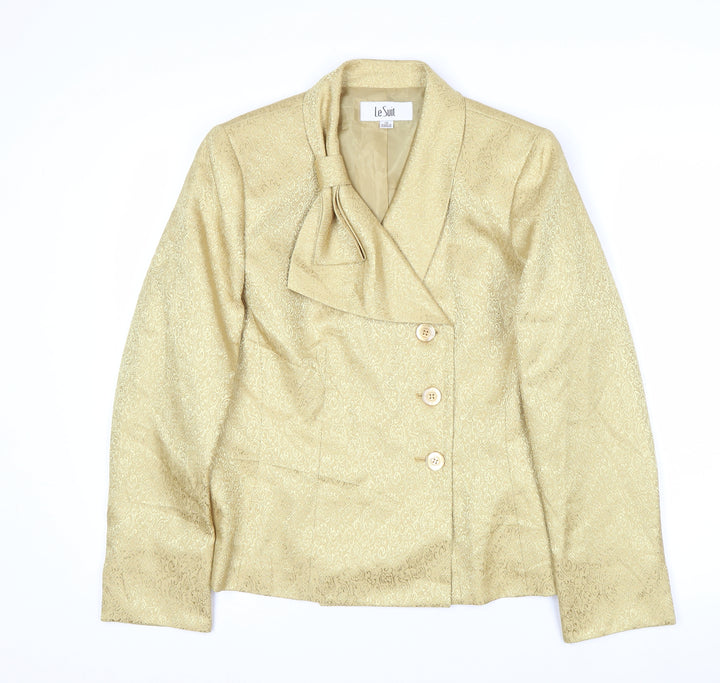 Le Suit Women's Beige Gold Jacquard Double-Breasted Blazer Size 10