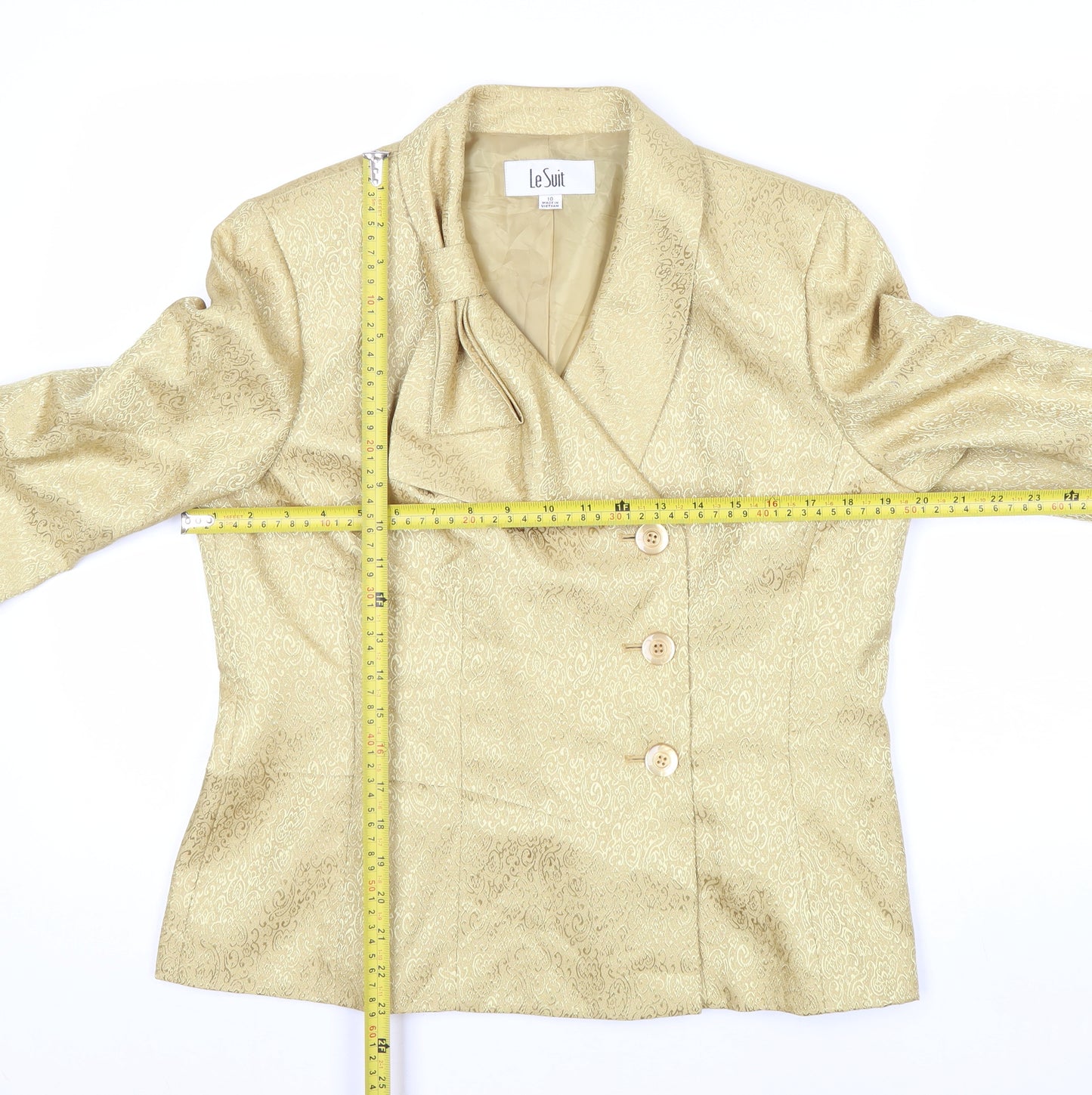 Le Suit Women's Beige Gold Jacquard Double-Breasted Blazer Size 10