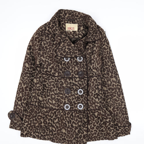 BKE Womens Brown Leopard Print Pea Coat Medium Double Breasted Autumn