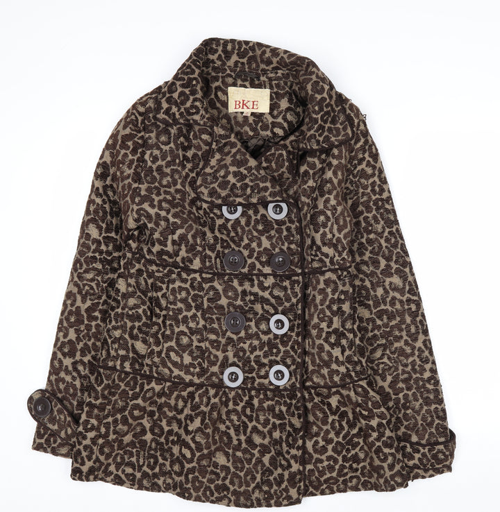 BKE Womens Brown Leopard Print Pea Coat Medium Double Breasted Autumn