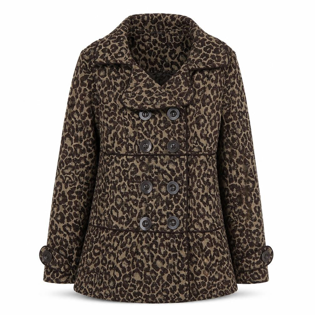 Front view of BKE women’s brown leopard print pea coat medium double breasted autumn
