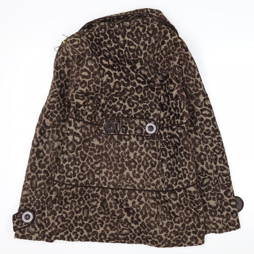 BKE Womens Brown Leopard Print Pea Coat Medium Double Breasted Autumn
