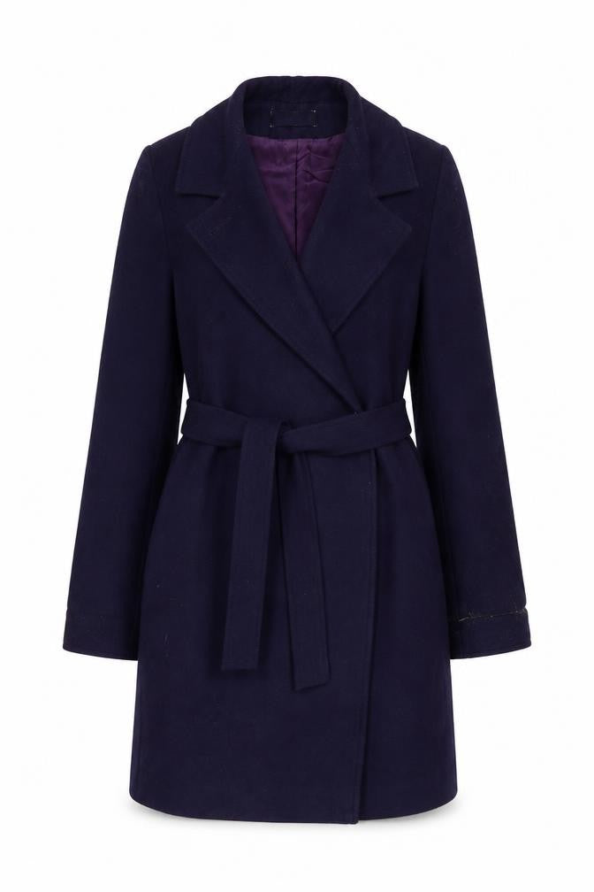 Front view of Forecaster of Boston women’s blue wool belted overcoat, size UK 6