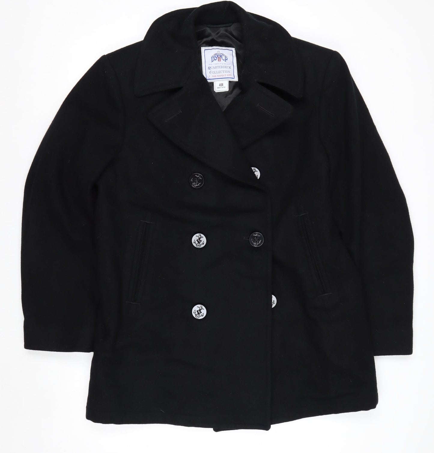 DSCP Quarterdeck Collection Mens Black 40R Pea Coat Wool Blend Classic Style