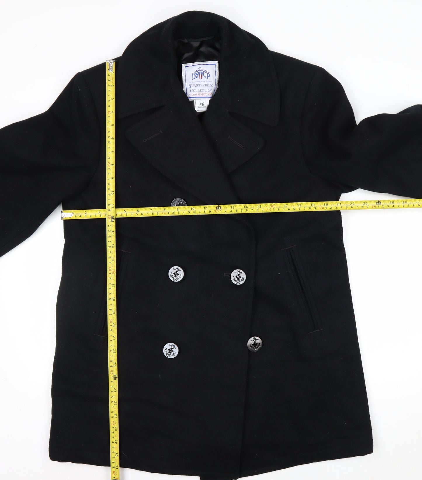DSCP Quarterdeck Collection Mens Black 40R Pea Coat Wool Blend Classic Style
