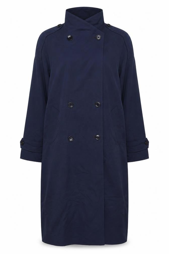Front view of Larry Levine Women's Blue Long Trench Coat, size 12, Classic Style