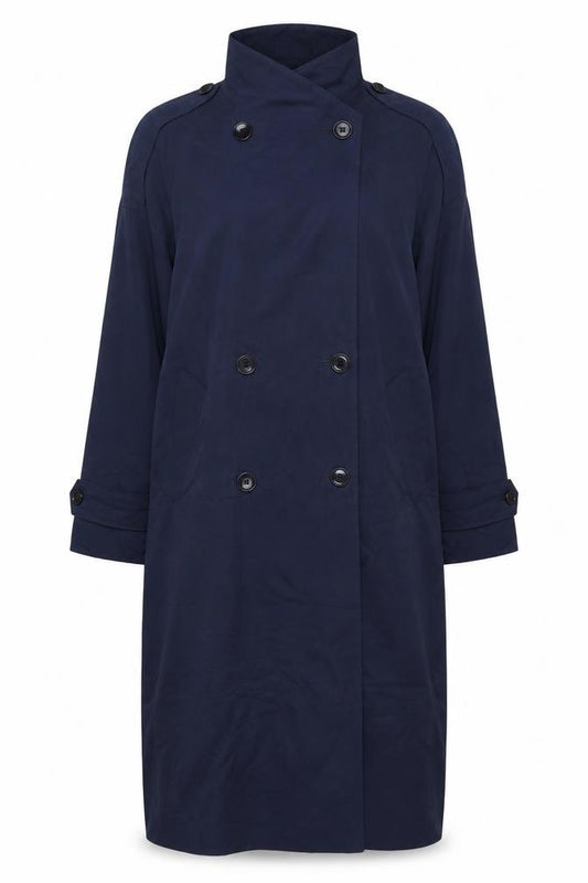 Front view of Larry Levine Women's Blue Long Trench Coat, size 12, Classic Style