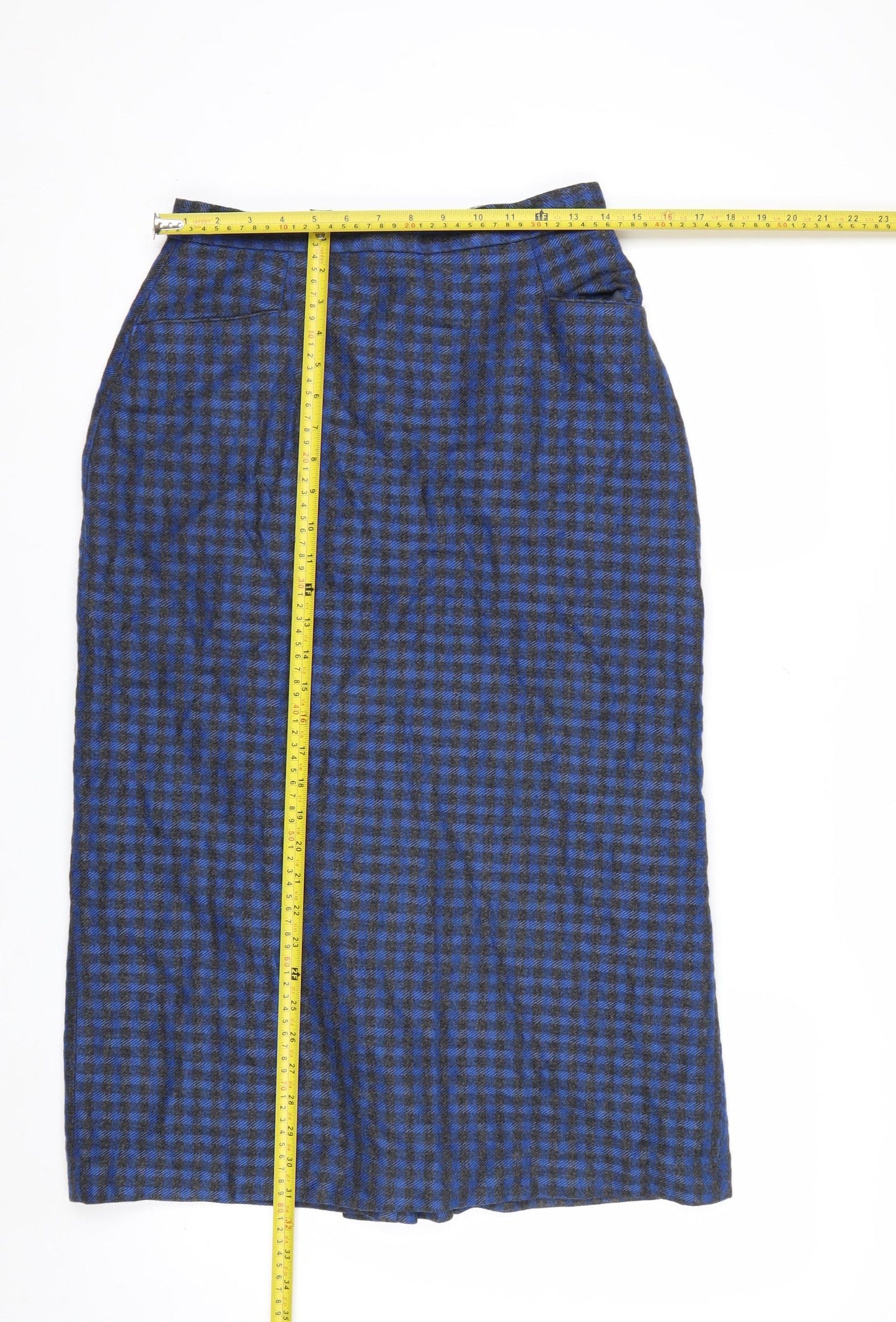 Intentions Women’s Blue Check Wool Midi Pencil Skirt Size 12