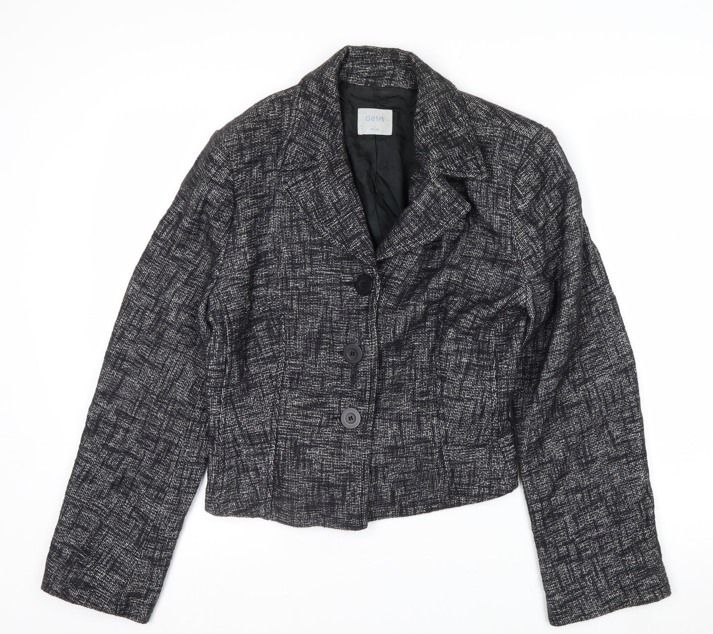 Oasis Women Black Tweed Cropped Blazer Jacket Size 16 Regular