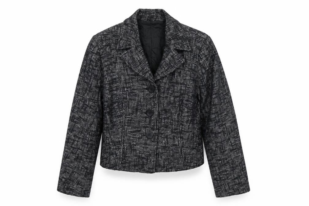 Front view of Oasis Women Black Tweed Cropped Blazer Jacket, size 16, Regular