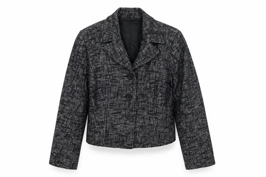 Front view of Oasis Women Black Tweed Cropped Blazer Jacket, size 16, Regular