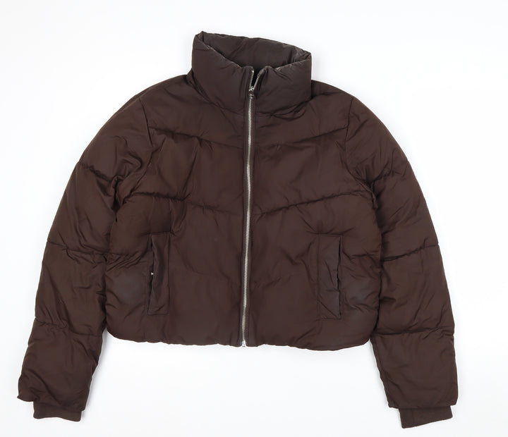 Hollister Women’s Brown Cropped Puffer Jacket Size M Quilted Zip Winter Coat