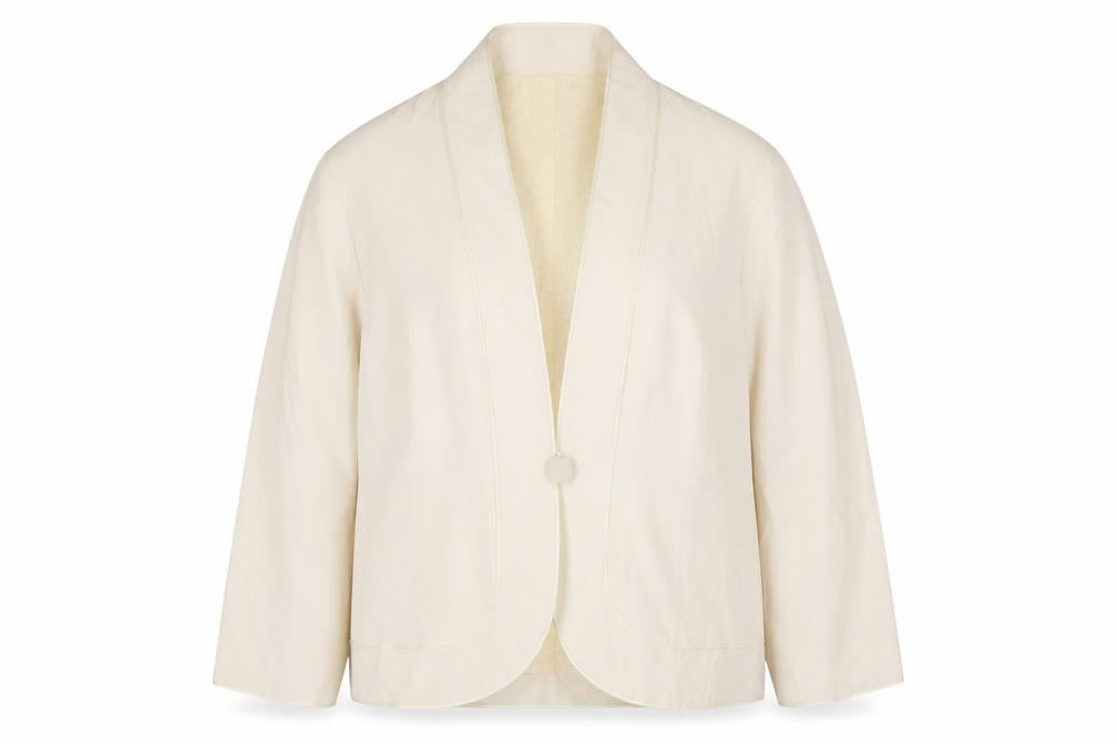 Front view of Country Casuals Women’s Ivory Silk Linen Blazer, size UK 16, Shawl Collar One Button