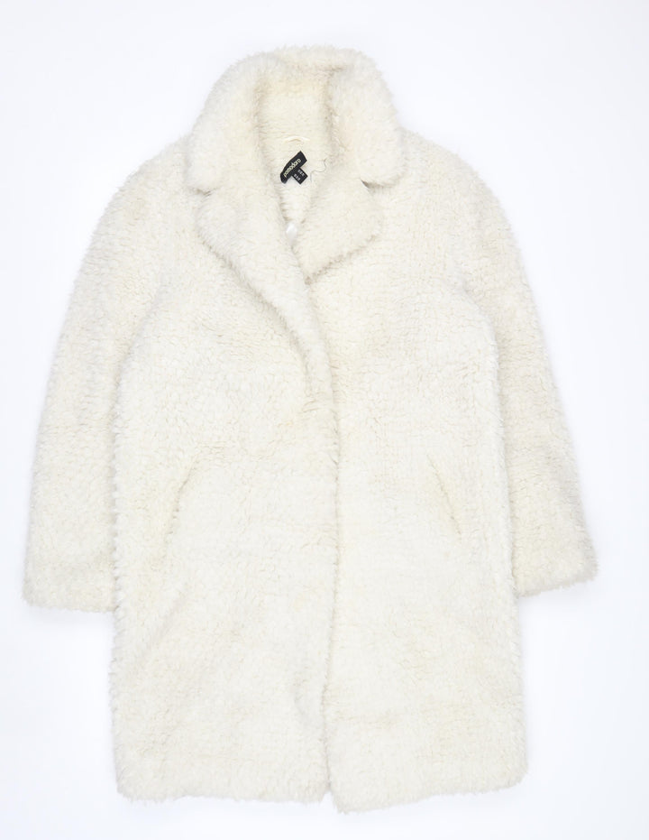 Pomodoro Womens Ivory Long Teddy Coat Size 10 Open Fleece Overcoat