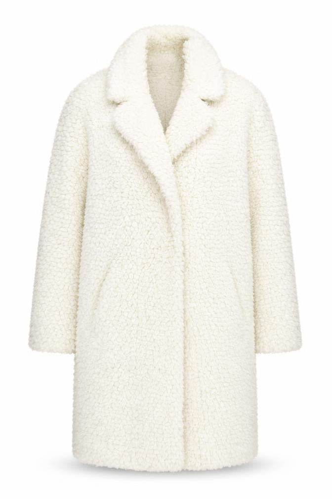 Front view of Pomodoro women’s ivory long teddy coat, size UK 10, open fleece overcoat