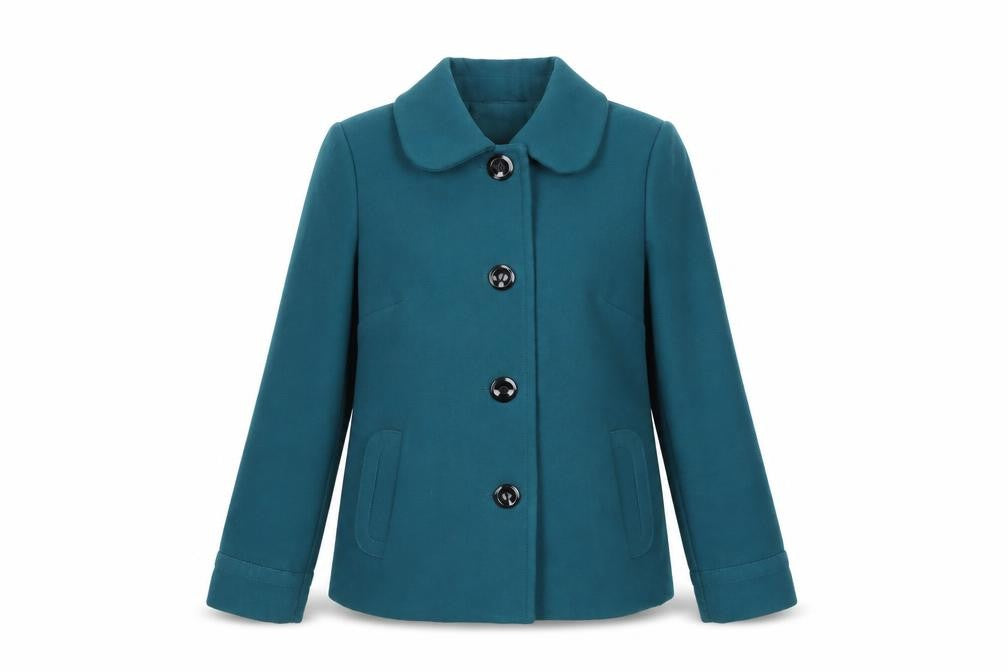 Front view of BHS Petite Women's Blue Pea Coat, size 10, Button Mid-Length Jacket