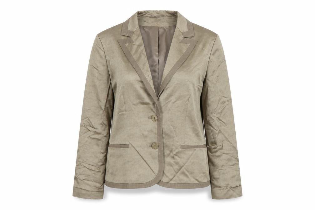 Front view of Planet women’s beige linen-blend single-breasted blazer jacket, size UK 12