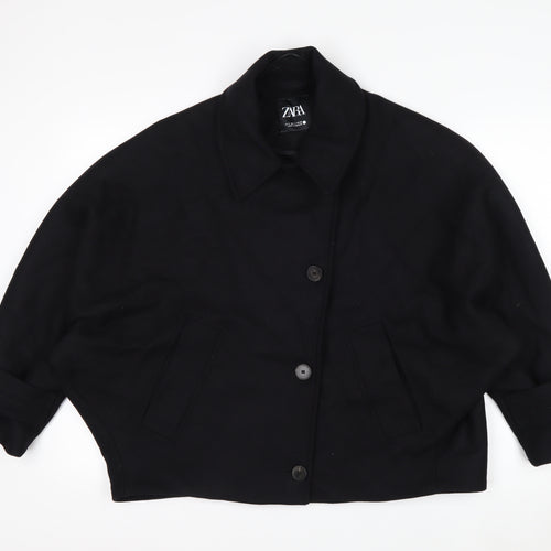 Zara Women Black Wool Blend Short Relaxed Button Jacket Size S