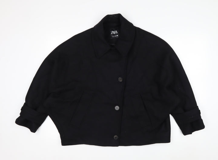 Zara Women Black Wool Blend Short Relaxed Button Jacket Size S