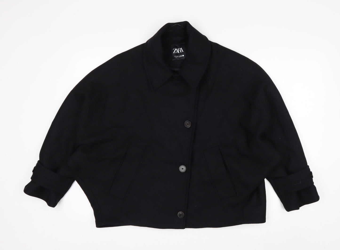 Zara Women Black Wool Blend Short Relaxed Button Jacket Size S