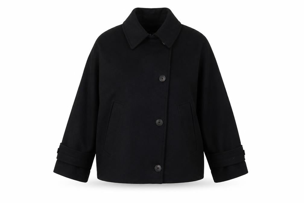 Front view of Zara Women Black Wool Blend Short Relaxed Button Jacket, size S