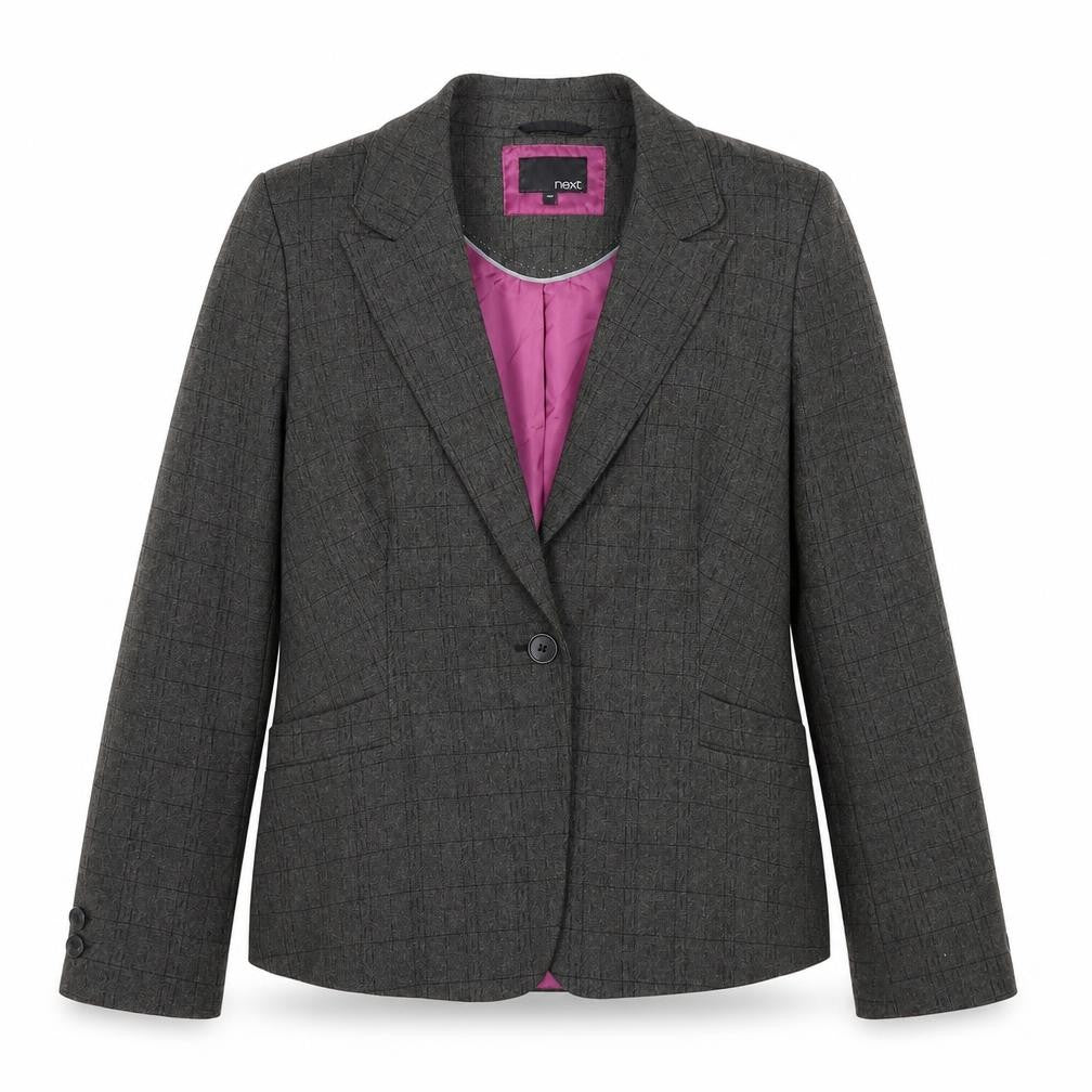 Front view of Next Women’s Grey Check Single-Breasted Blazer, size UK 16, Regular