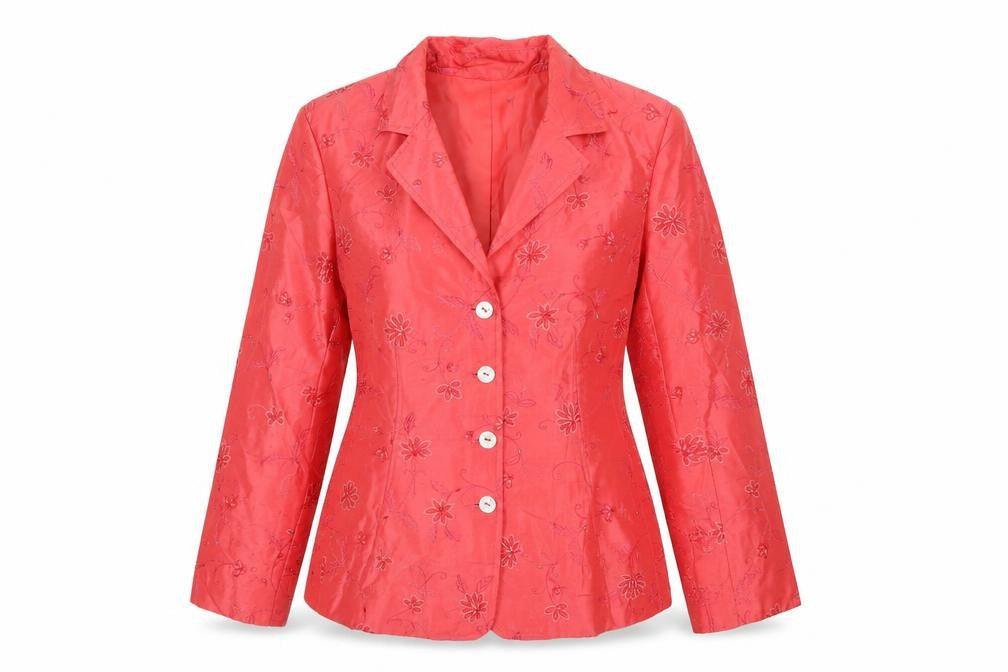 Rafael Women Pink Silk Floral Embroidered Suit Jacket Size 8