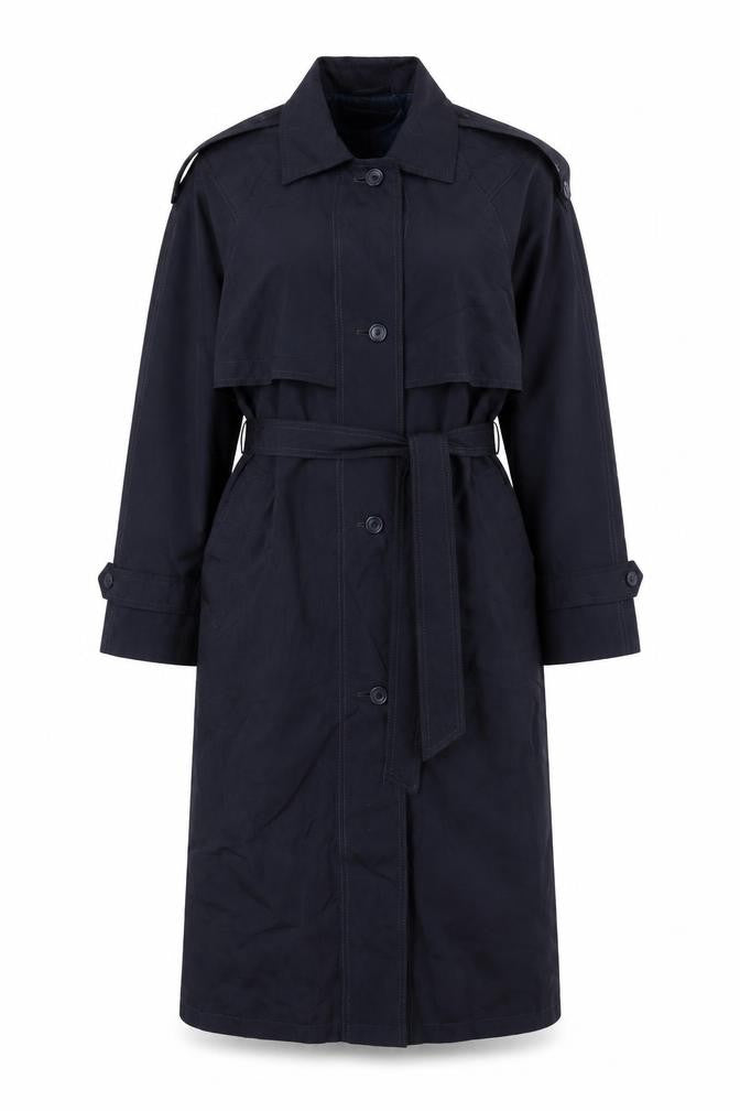 Front view of Thunder Bay Women's Blue Polyester Long Trench Coat, size 8