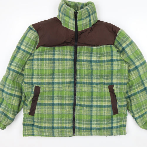 NECYSTUDIO Men's Green Check Puffer Jacket Size S Full Zip Winter Coat