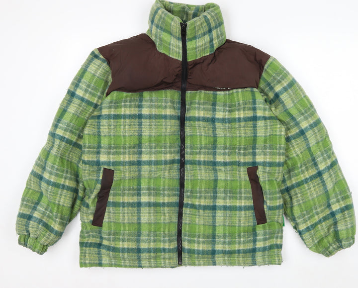NECYSTUDIO Men's Green Check Puffer Jacket Size S Full Zip Winter Coat