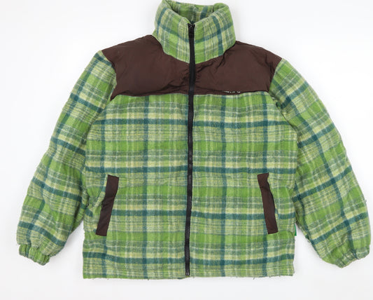 NECYSTUDIO Men's Green Check Puffer Jacket Size S Full Zip Winter Coat